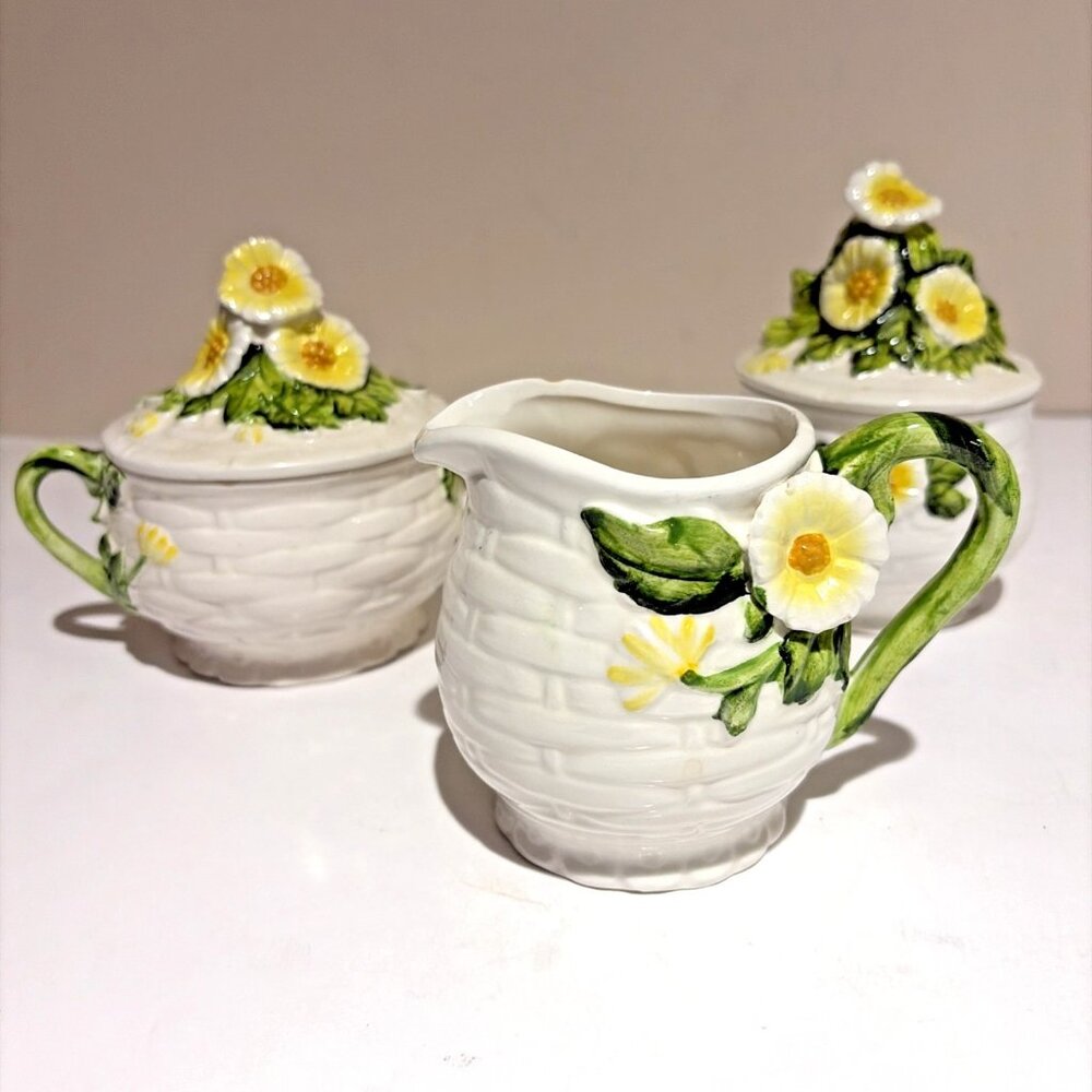 Vintage Lefton Rustic Daisy Sugar Bowl, Creamer & Jelly Jar Set #3856, 3858